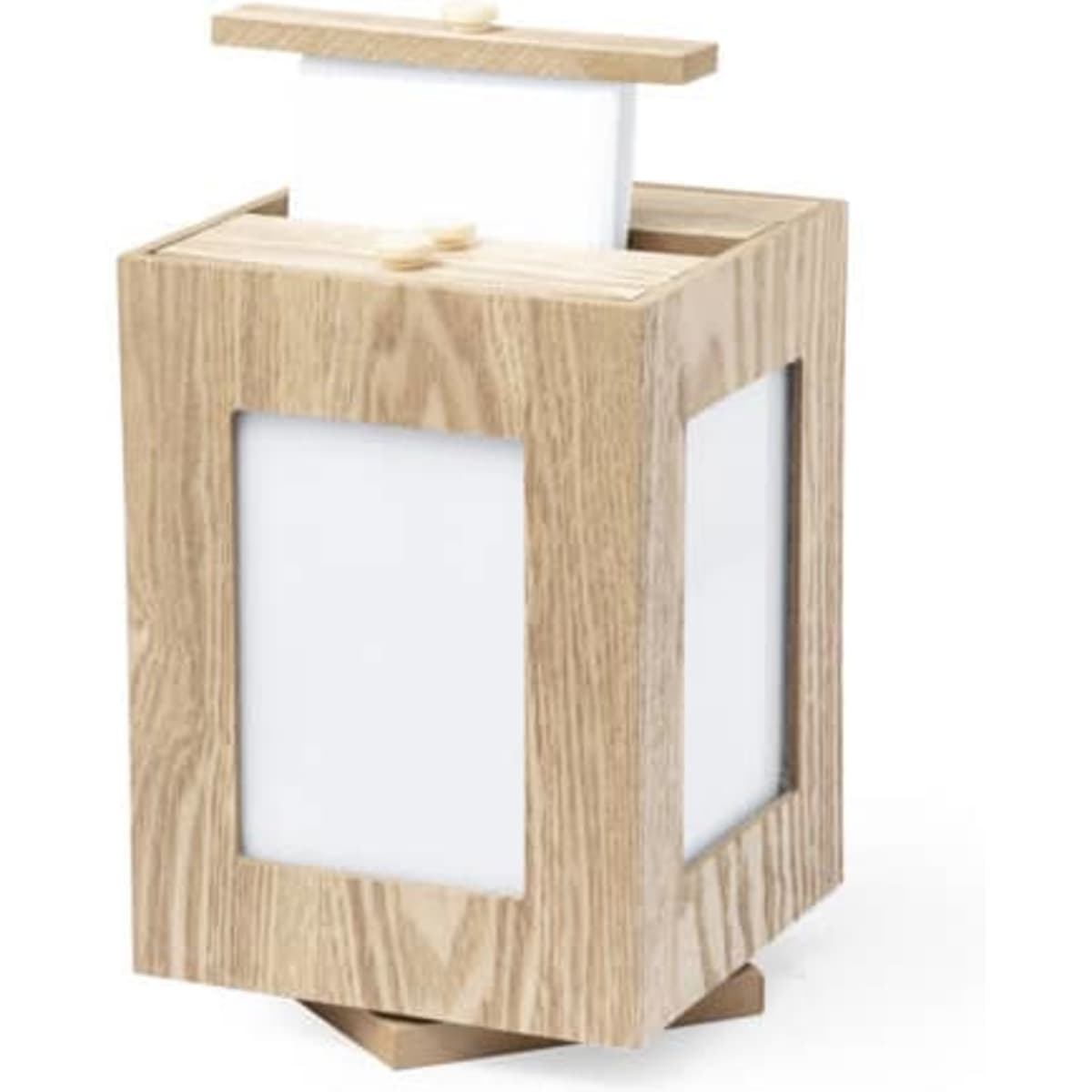 A rotating cube MDF wood photo frame in light wood finish, featuring four photo openings and a modern design.