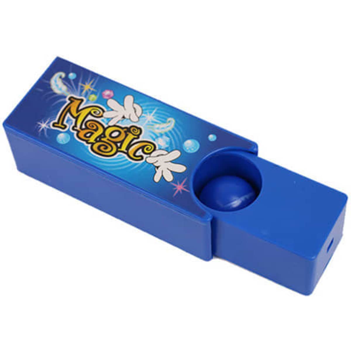 A blue magic box with a rounded opening, featuring colourful designs and a logo.