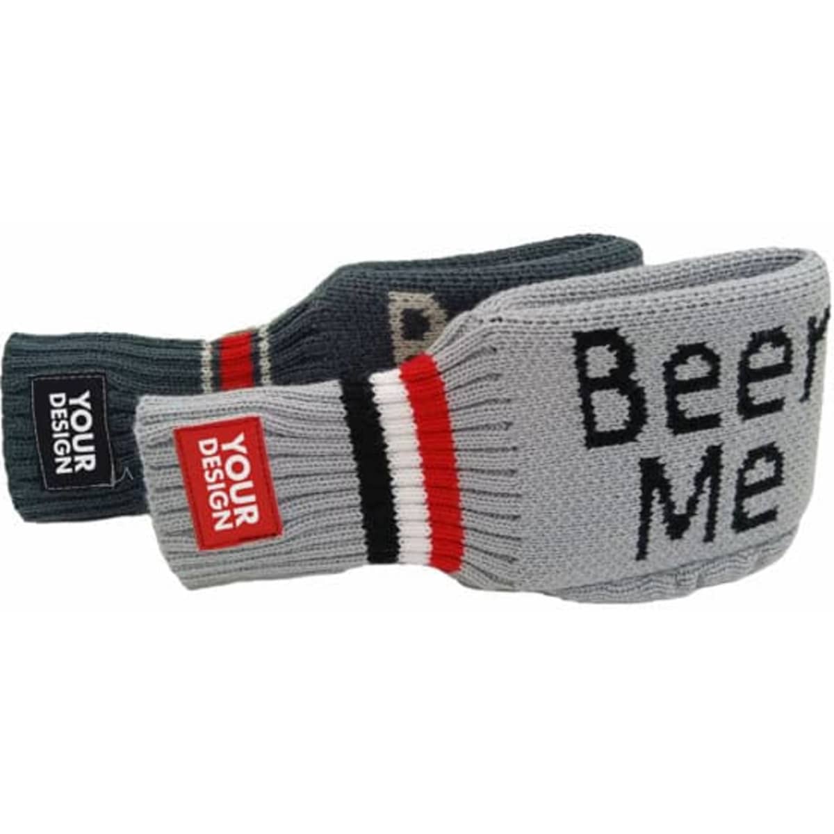 A crochet beverage mitt in grey and black, featuring ribbed cuffs and a logo.