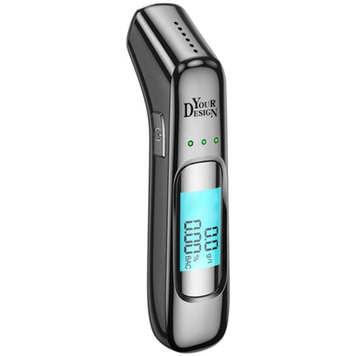 A sleek black alcohol breath tester with a digital display and three indicator lights.