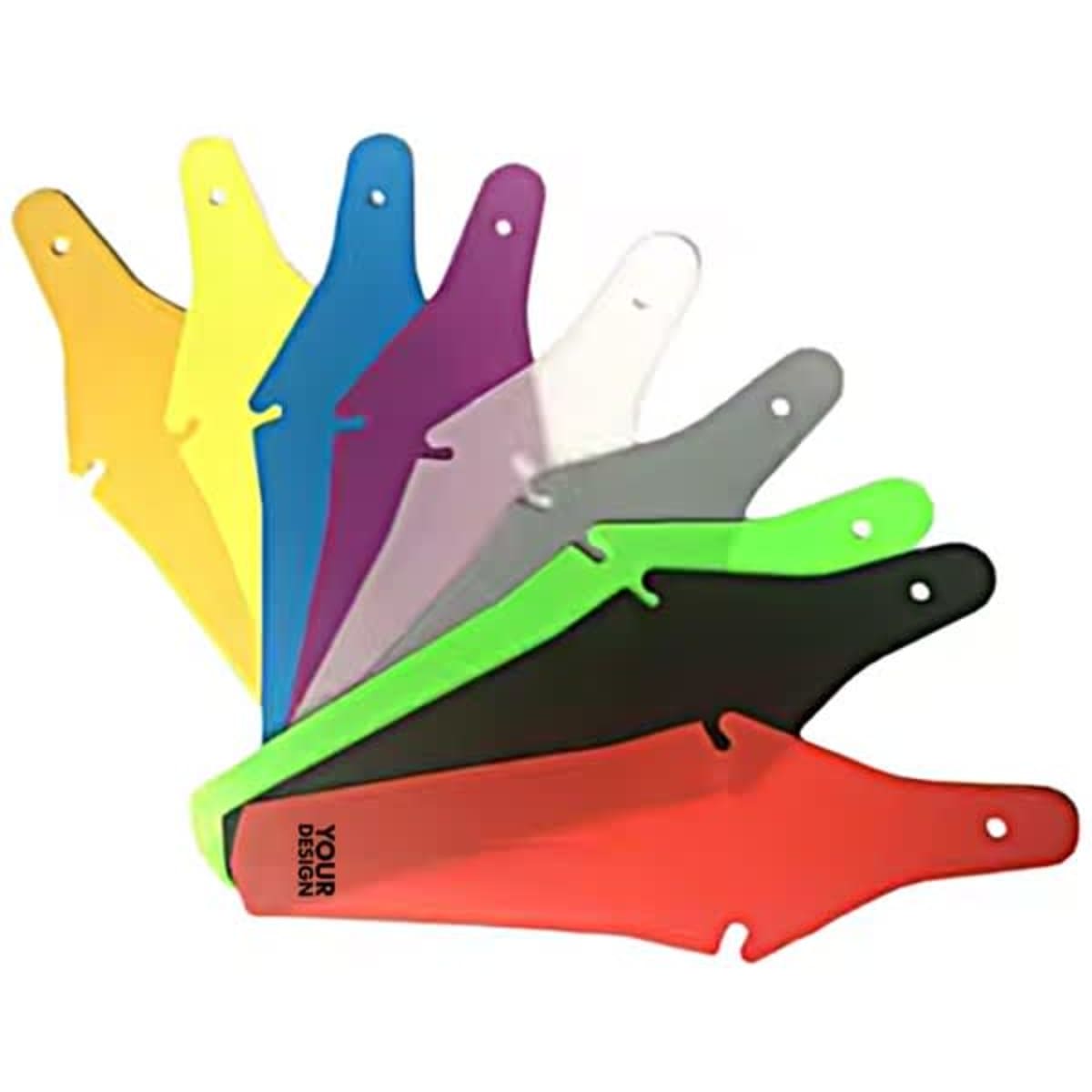 A range of custom bicycle saddle mudguards in various colours, including yellow, blue, purple, white, grey, green, black, and red.