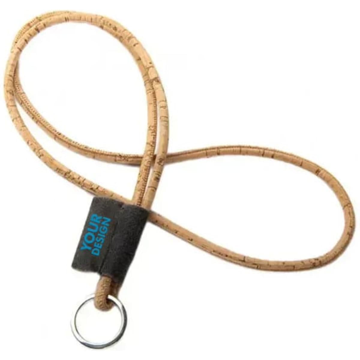 A natural cork lanyard in a light tan colour, featuring a black attachment with a logo and a metal keyring.