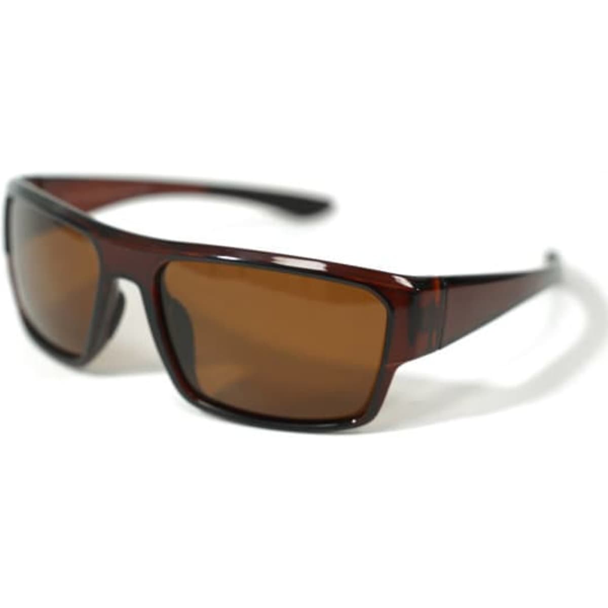 Brown anti-glare plastic sport sunglasses with a sleek design and arms featuring a logo.