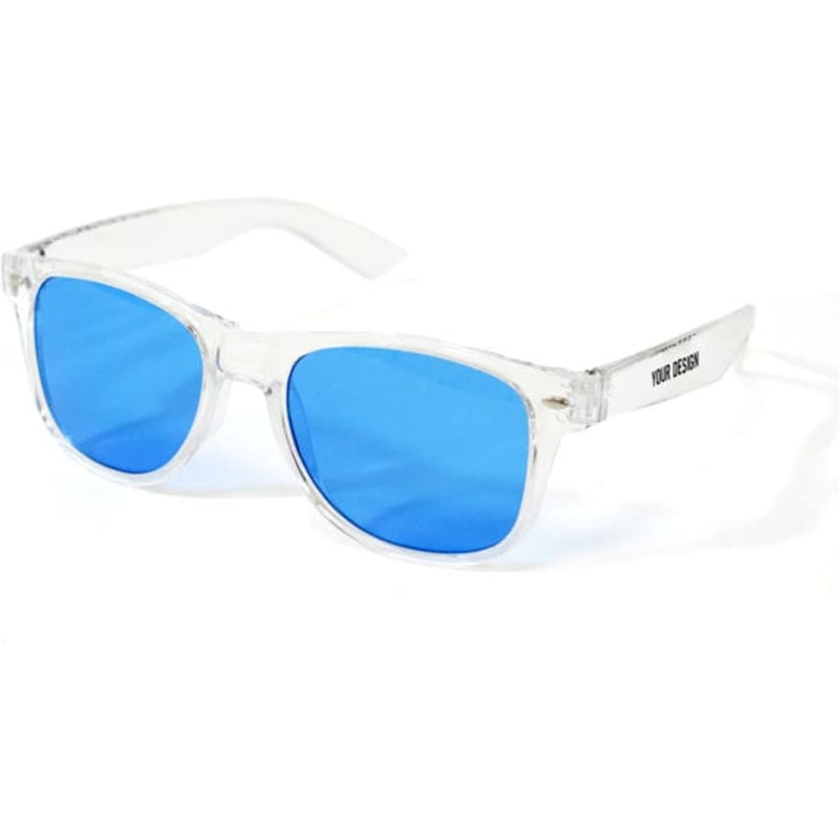 Polarized transparent sunglasses with clear frames and blue lenses, featuring a logo on the arm.