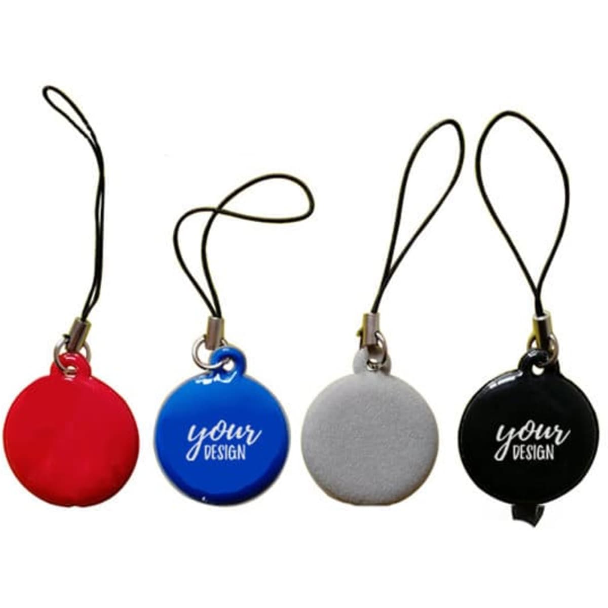 A set of mobile phone screen cleaner keychains in red, blue, grey, and black, each with a logo and a strap.