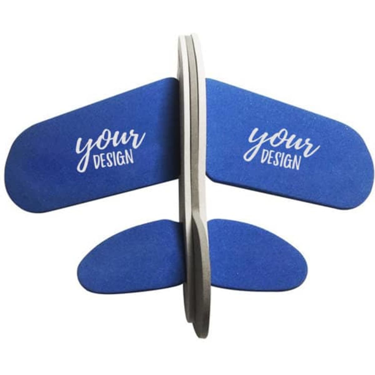 A custom printed EVA foam airplane puzzle in blue, featuring areas for personal design and a logo.