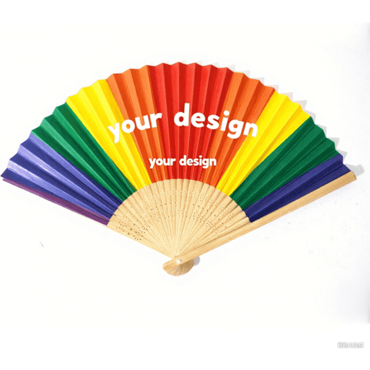 A double-sided paper hand fan in rainbow colours with a wooden handle and a placeholder for custom design.