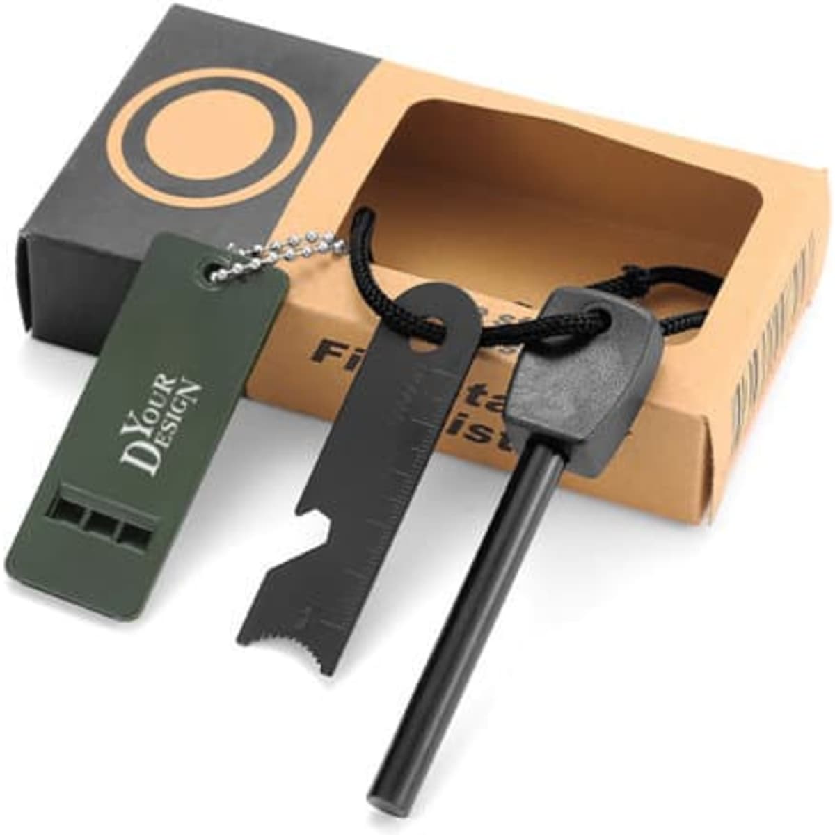 An outdoor emergency fire starter set featuring a black striker, a green scraper, and a fire rod, packaged in a box.