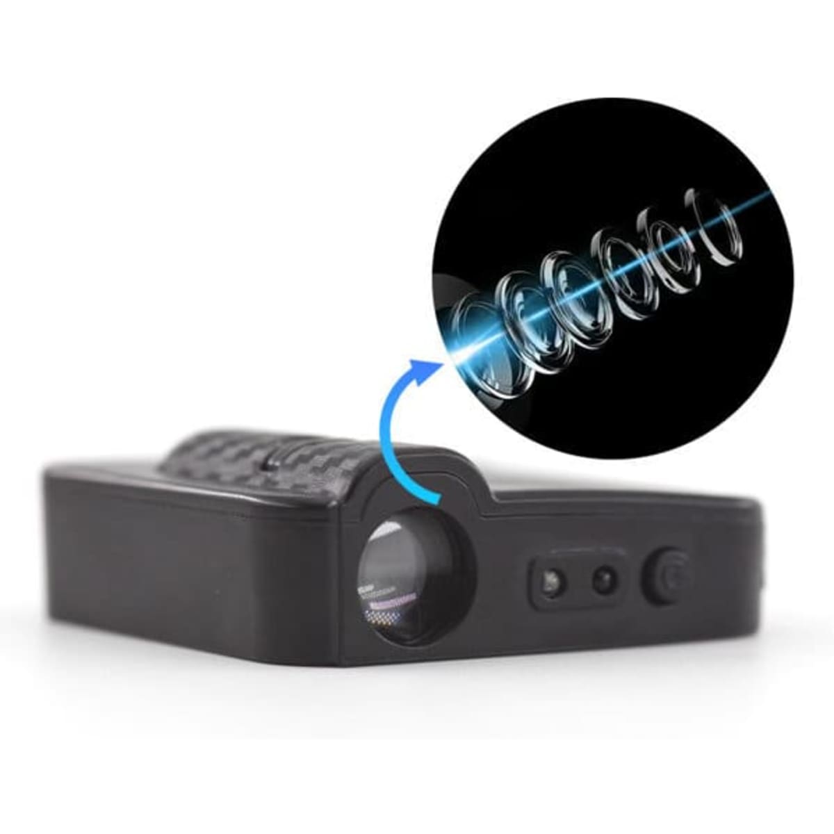 A black custom car door lights projector with a lens showcasing a beam of light, featuring a logo.