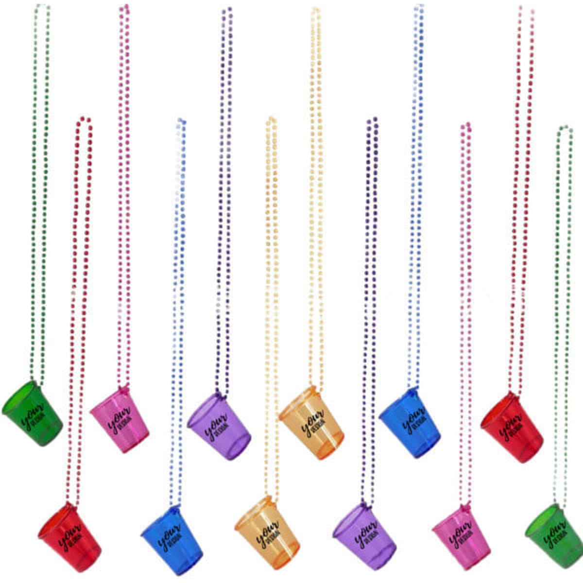 A variety of colourful shot glass bead necklaces in purple, pink, orange, green, and blue with attached beaded strings.