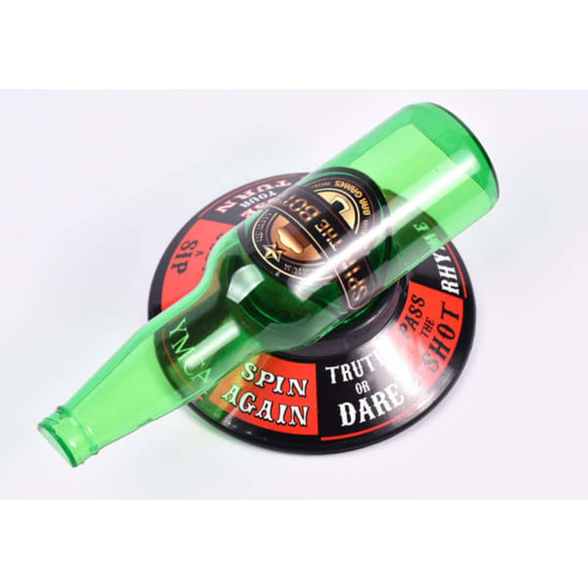 A green drink bottle placed on a round black and red spinner with various prompts and a logo.
