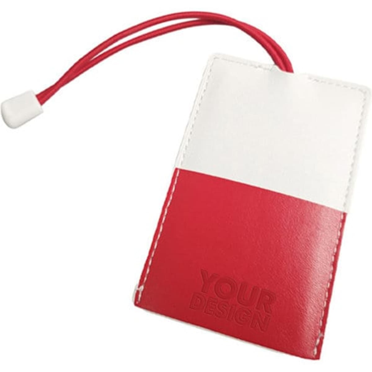 A red and white leather luggage tag with a flexible red strap and a logo on the surface.