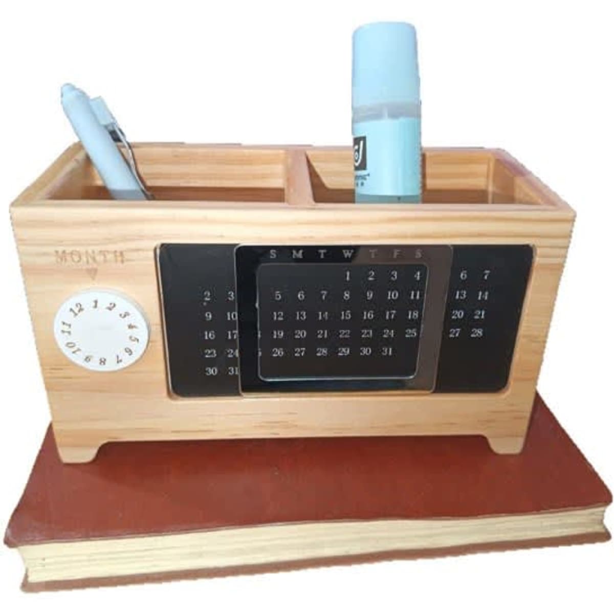 A bamboo desk calendar with a pen holder, featuring compartments for pens and a classic monthly calendar display.