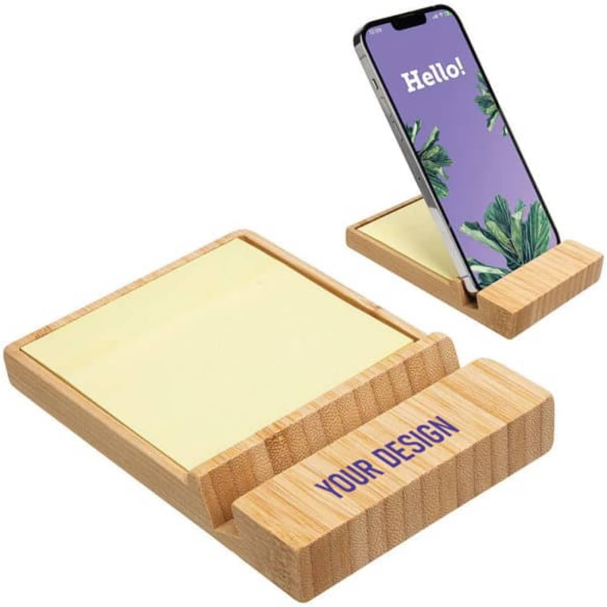 A wooden sticky note dispenser with a phone holder, featuring a removable sticky note pad and an area for custom branding.