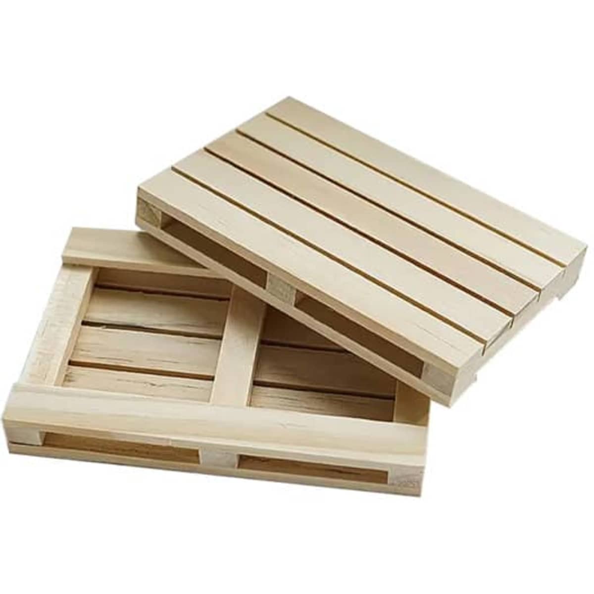 A set of two square wooden coasters designed to resemble miniature pallets, featuring a light timber finish.