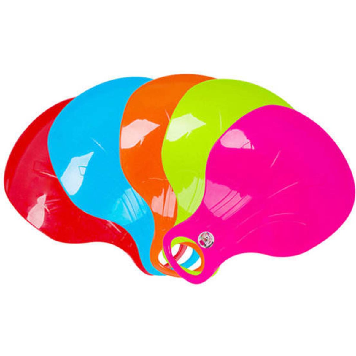 Five plastic snow sleds in bright colours: red, blue, orange, green, and pink, each with a handle.