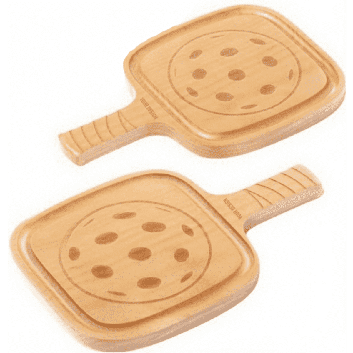 Two wooden pickleball coasters with round cutouts, featuring a light natural finish and smooth handles.