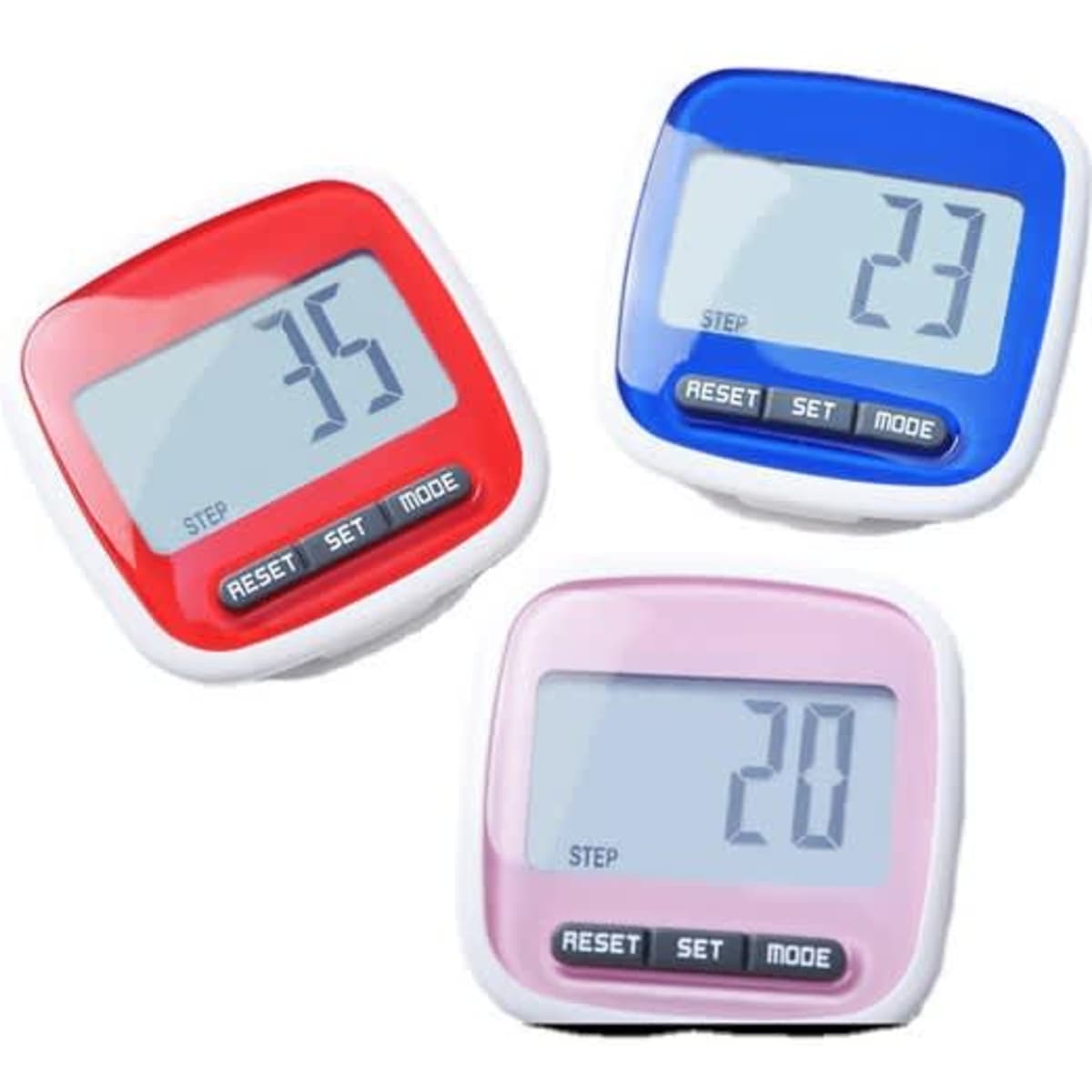 Three custom pedometers in red, blue, and pink, each with a digital display and buttons.