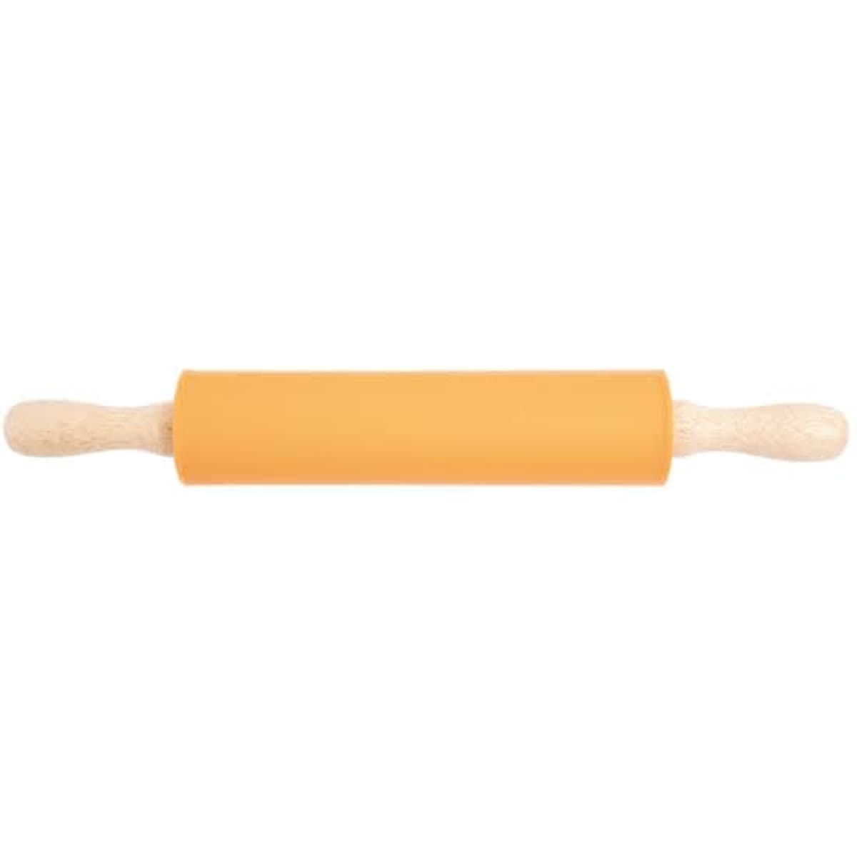A custom silicone rolling pin with a wooden handle in an orange colour. It features a smooth design and a logo.