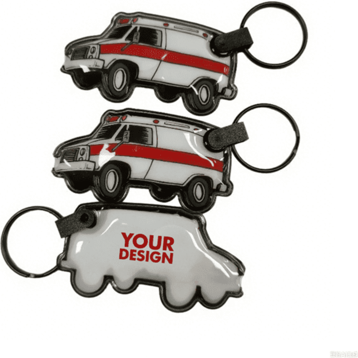 Customisable LED plastic keychains in the shape of emergency vehicles, featuring various designs and a logo.