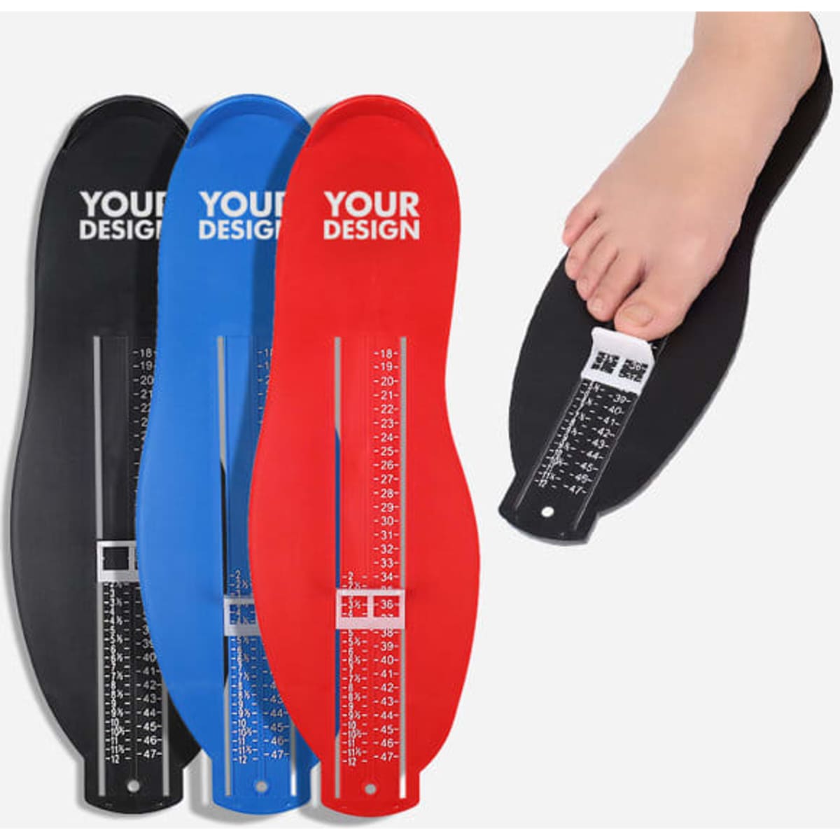 Foot measuring devices in black, blue, and red, with a scale for measuring foot length and a logo. One foot is placed on the device.