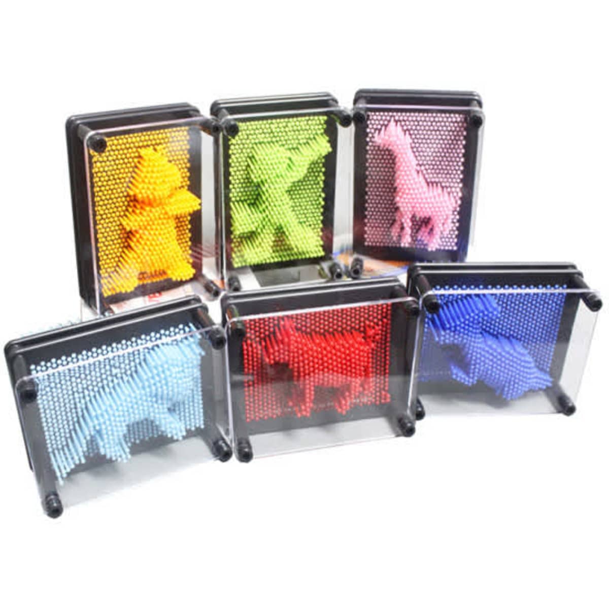 A 3D Pin Art Toy featuring various shapes in vibrant colours: orange, green, pink, blue, and red. It has a logo.