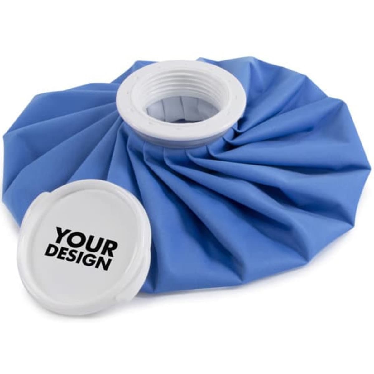 A reusable first aid ice pack in blue with a white lid and a branded logo.