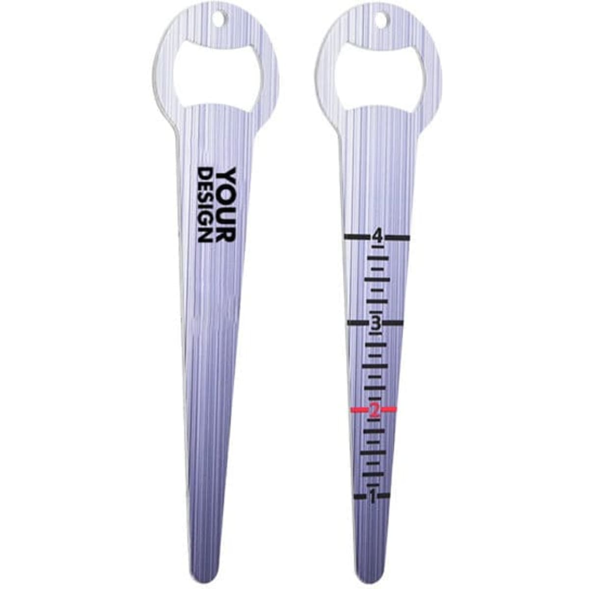 A drink bottle opener and seed depth tool in silver, featuring a logo and measurement markings on one side.