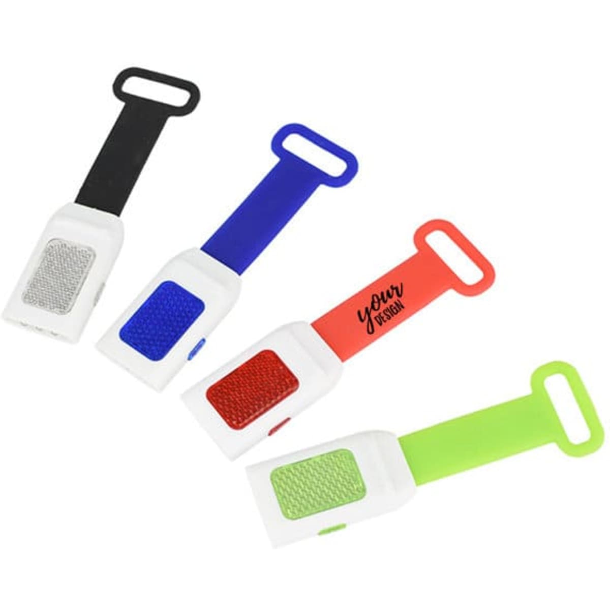 A set of four LED reflective bicycle lights with silicone straps in black, blue, red, and green. Each light features a logo.