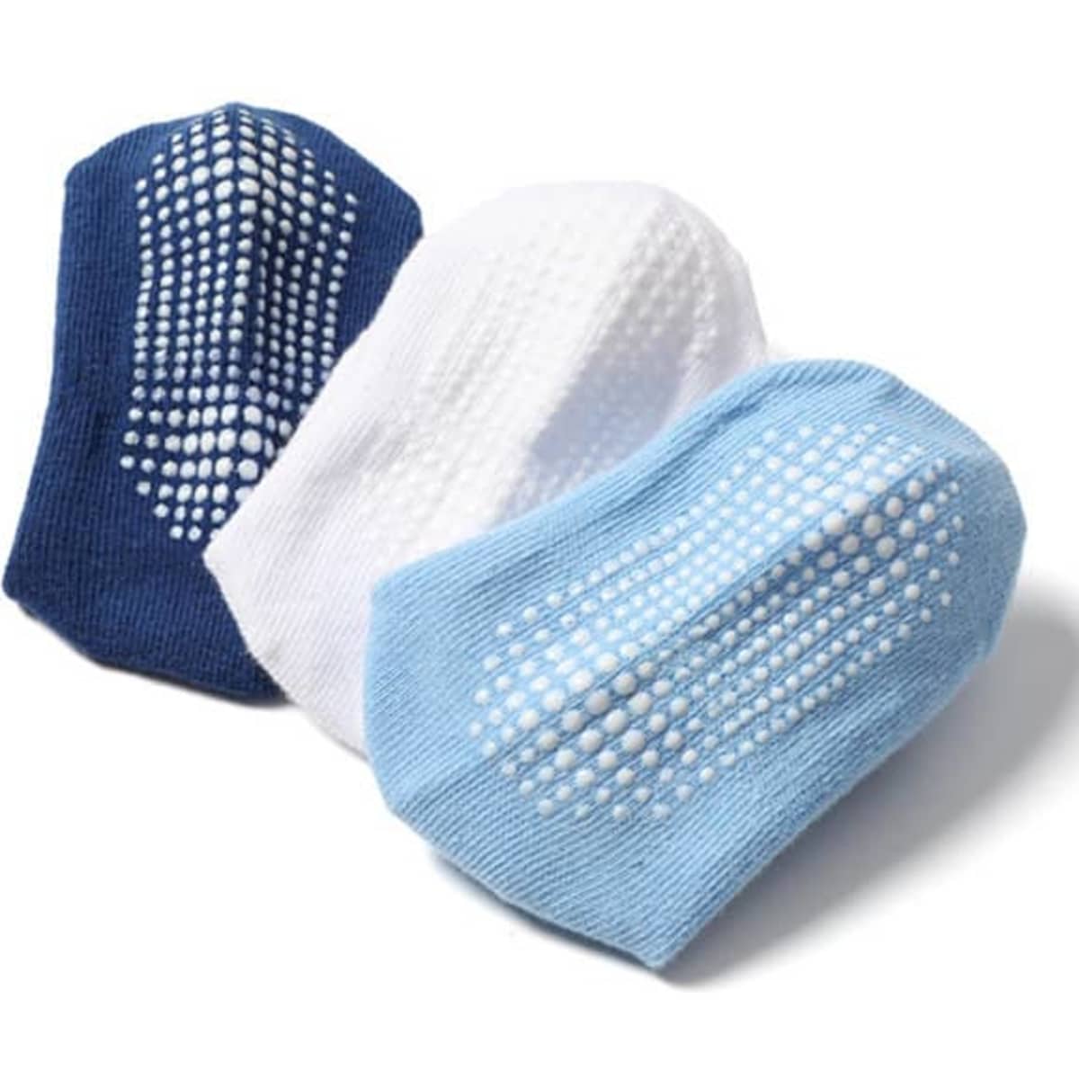 A set of three non-slip baby socks in navy blue, white, and light blue, featuring textured grip patterns.