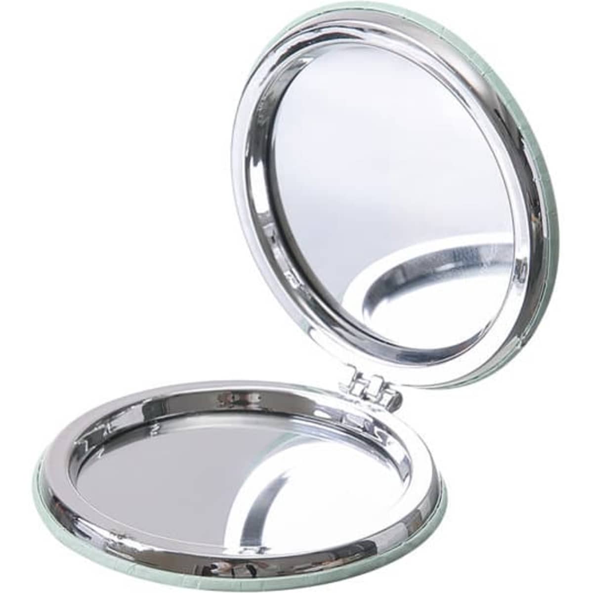 A custom folding pocket mirror with a polished silver exterior and a clear reflective surface inside.