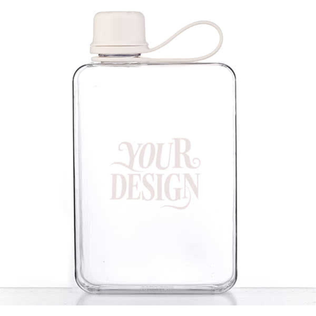 A drink bottle in a rectangular shape, transparent with a white lid and strap, featuring a blank space for custom design.
