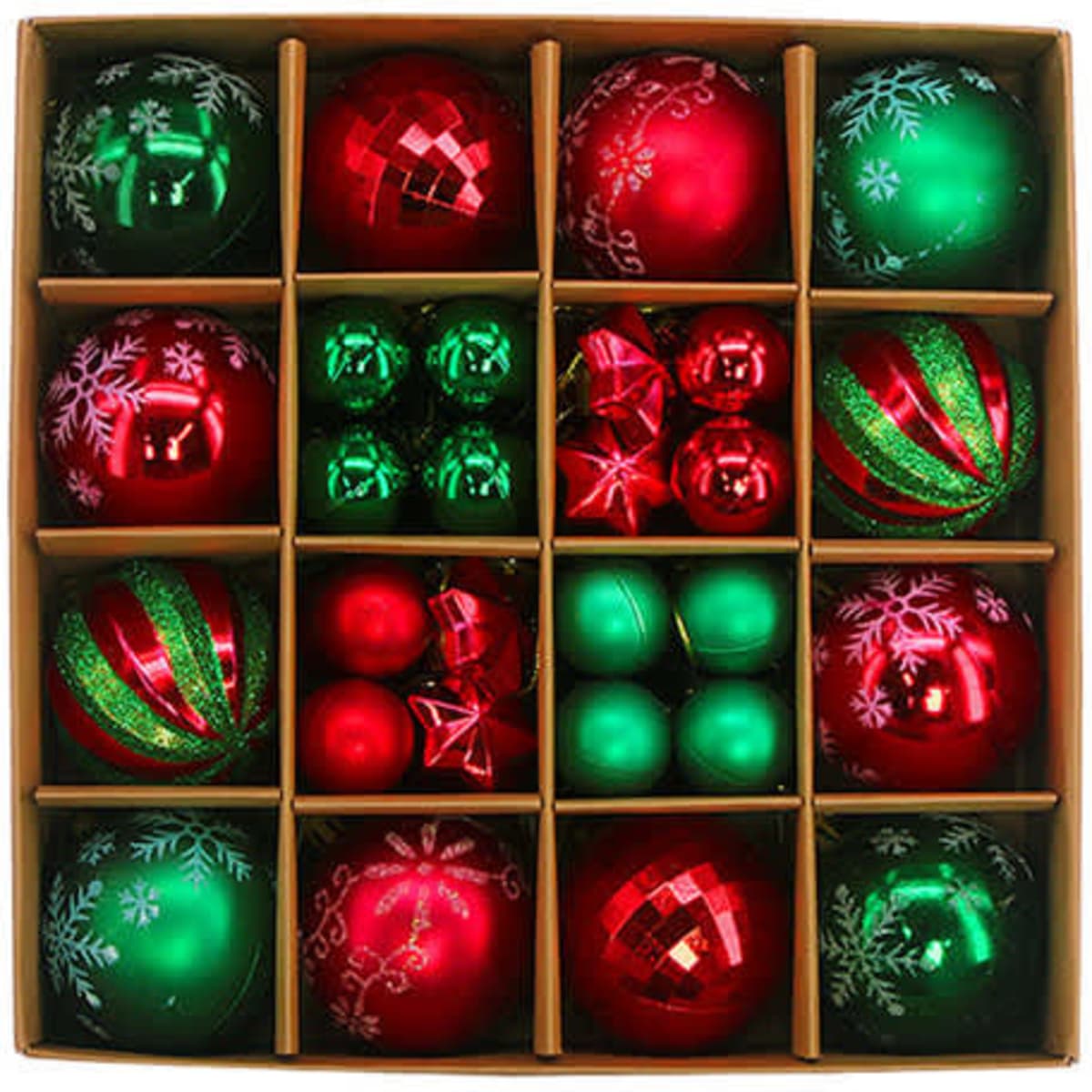A set of 44 Christmas ornament balls in red and green, featuring various designs and finishes, neatly arranged in a box.