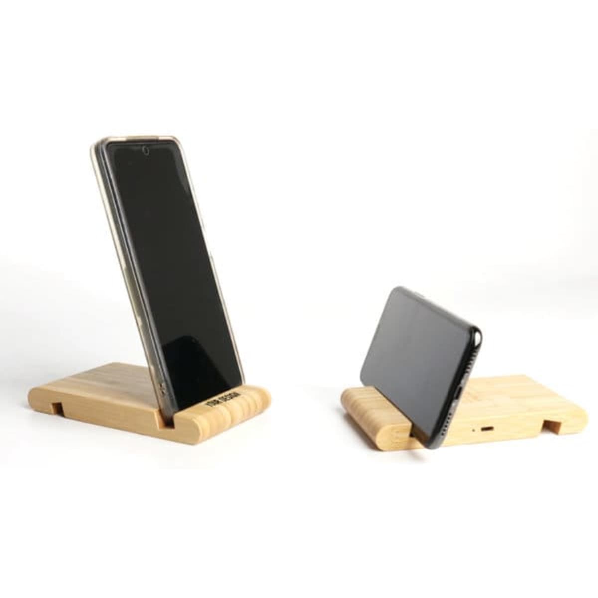 A bamboo wireless charger phone stand with two angles, featuring a sleek, natural wood finish for a modern look.