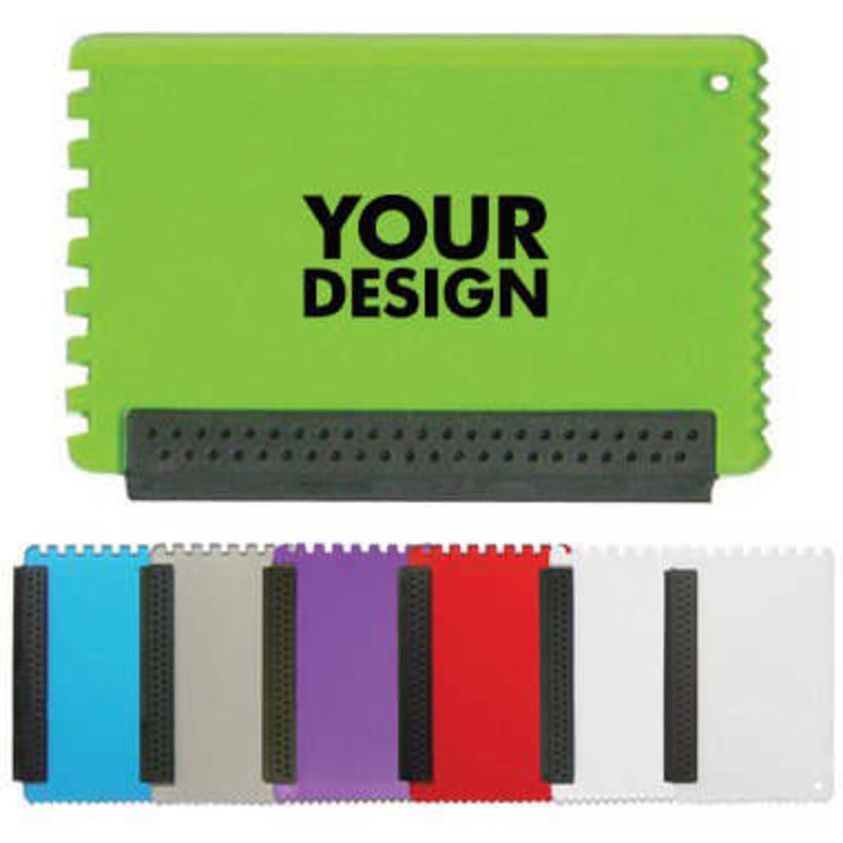 A customised ice scraper keychain in various colours, featuring a green scraper with a textured edge for grip.