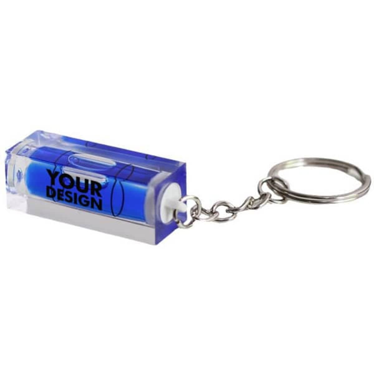 A mini square spirit level keychain in blue with a silver chain, featuring a design area on one side.