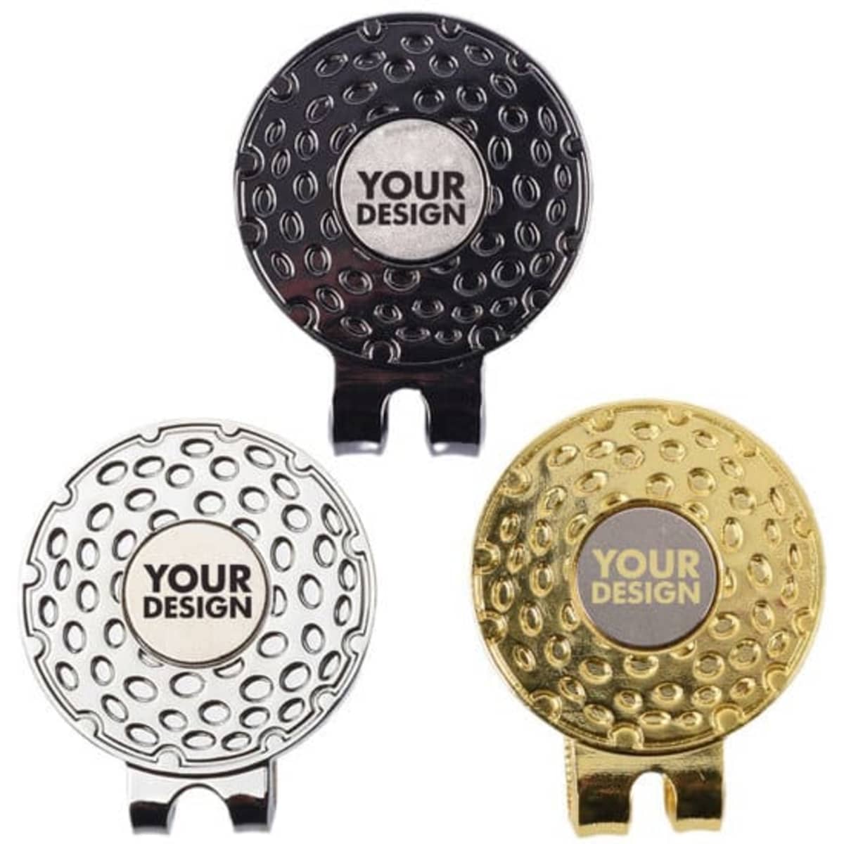 Three golf hat clips in black, silver, and gold with a circular design and a logo area for customisation.