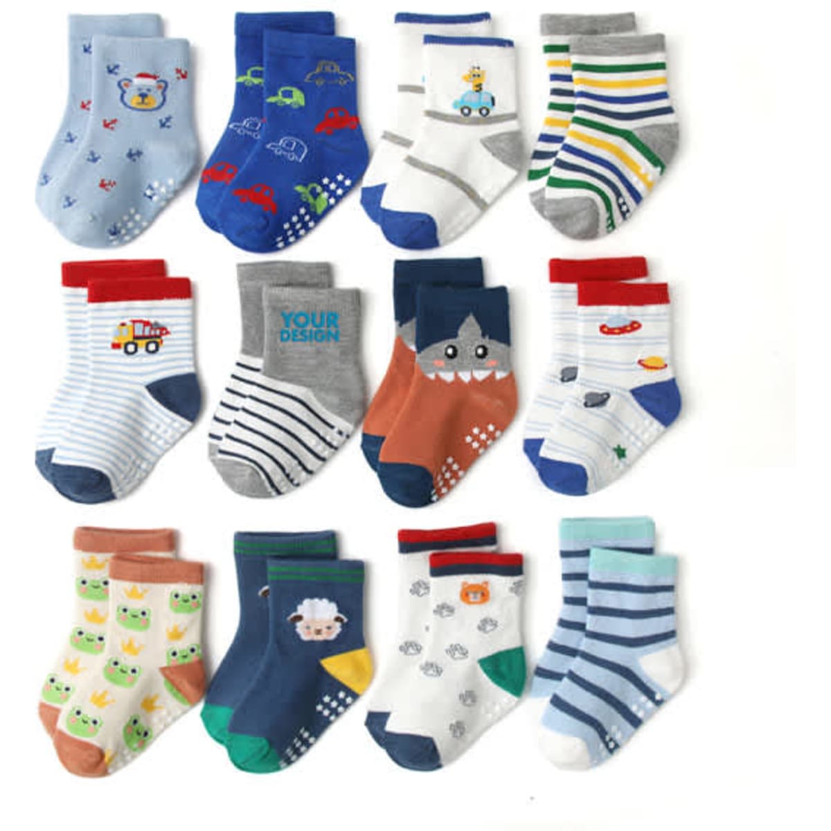 A collection of colourful kids' socks featuring various patterns, including vehicles, animals, and stripes, with a logo present.
