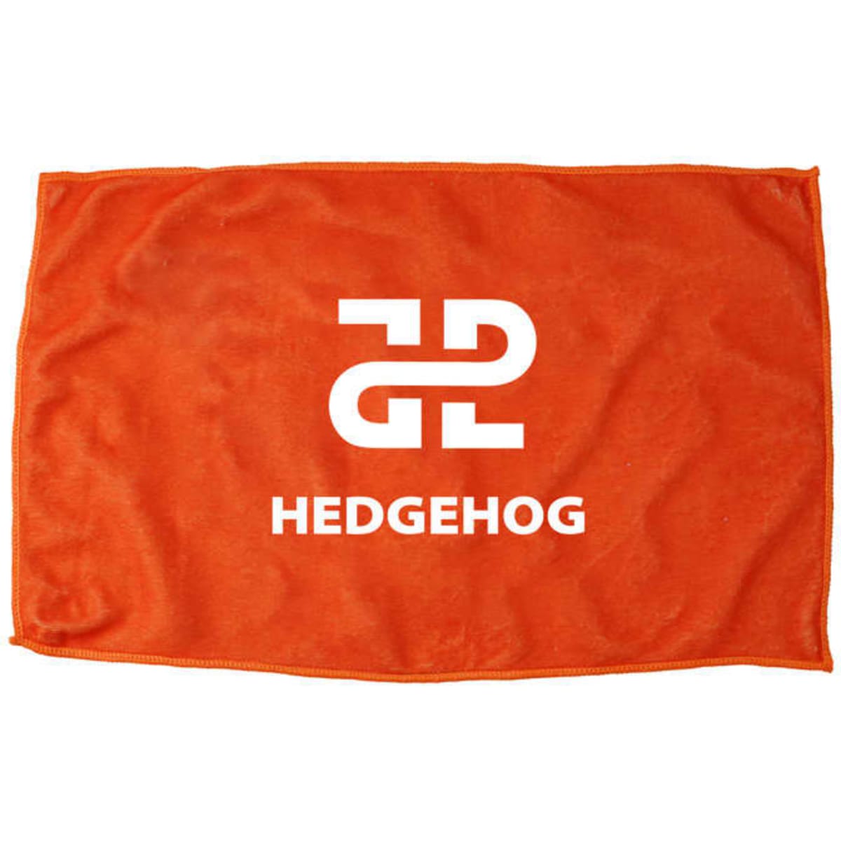 An orange microfiber rally towel featuring a logo in white. Ideal for leisure and outdoor activities.