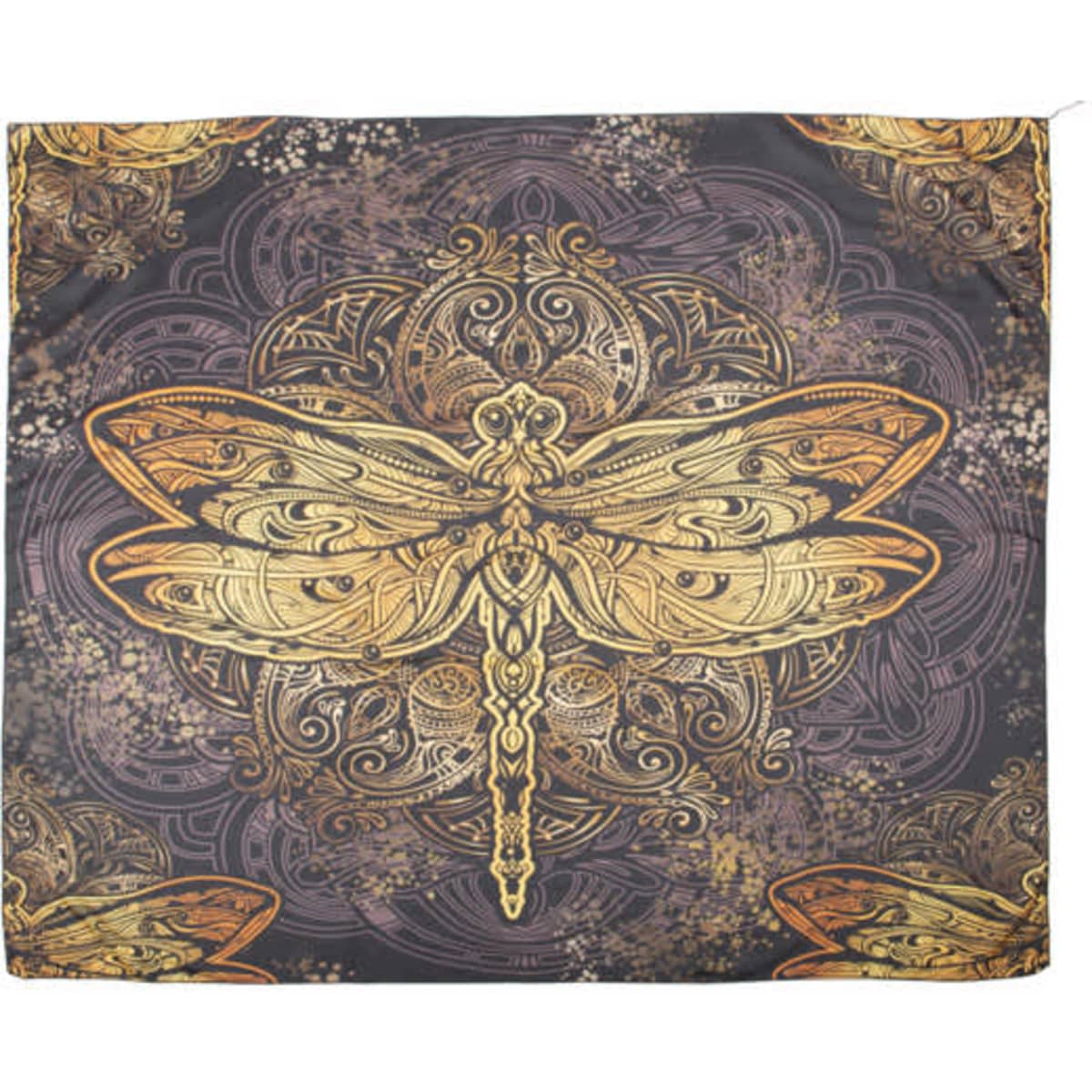A wall tapestry featuring an intricate dragonfly design in gold and warm tones on a dark background.