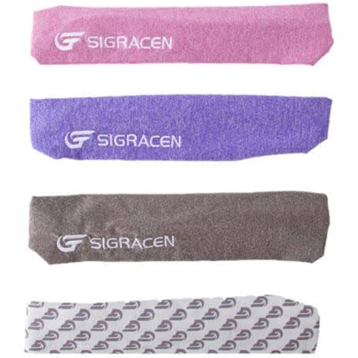 A set of four non-slip sports headbands in pink, purple, brown, and grey, featuring a logo on each band.