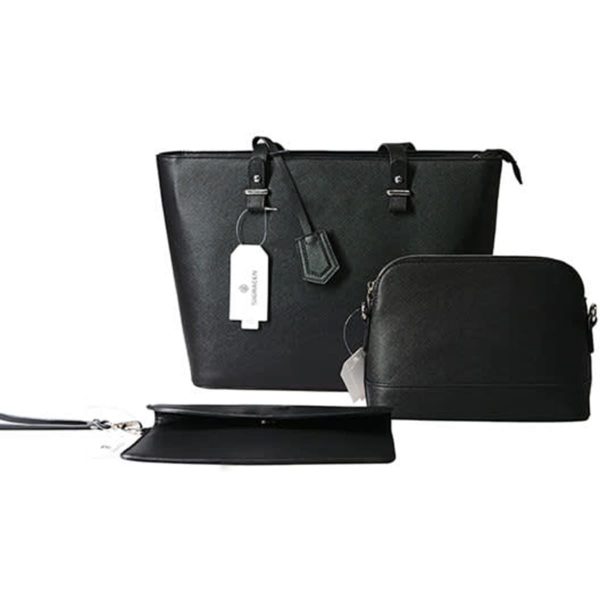 A set of three black PU leather tote bags, including a large tote, a small bag, and a clutch. Each bag has a logo.
