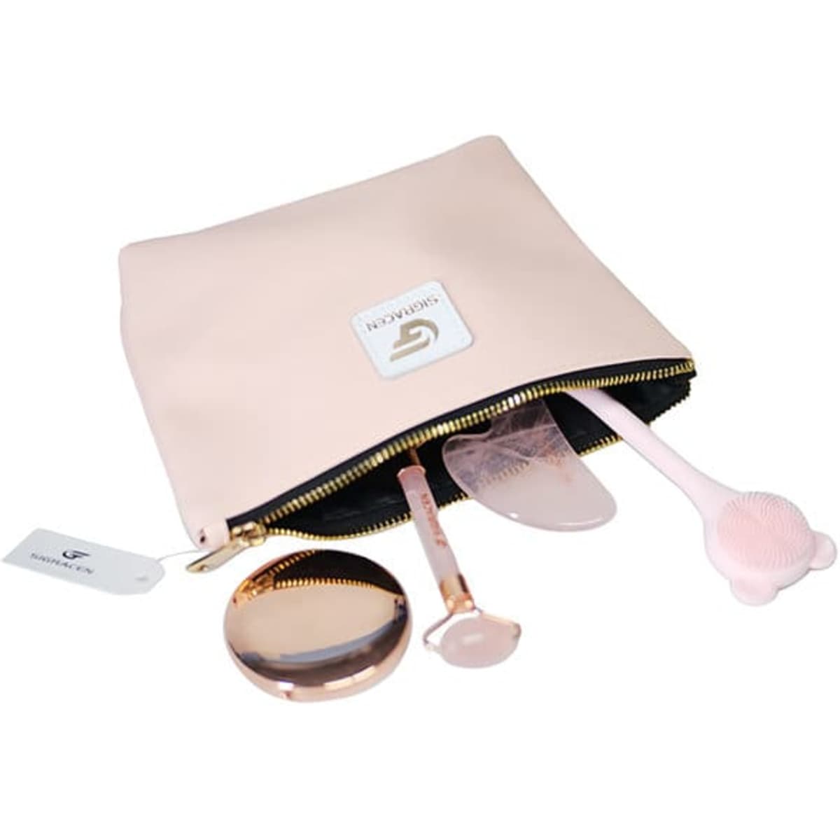 A soft pink PU leather cosmetic bag with a zipper, containing beauty tools and a mirror. It features a logo.