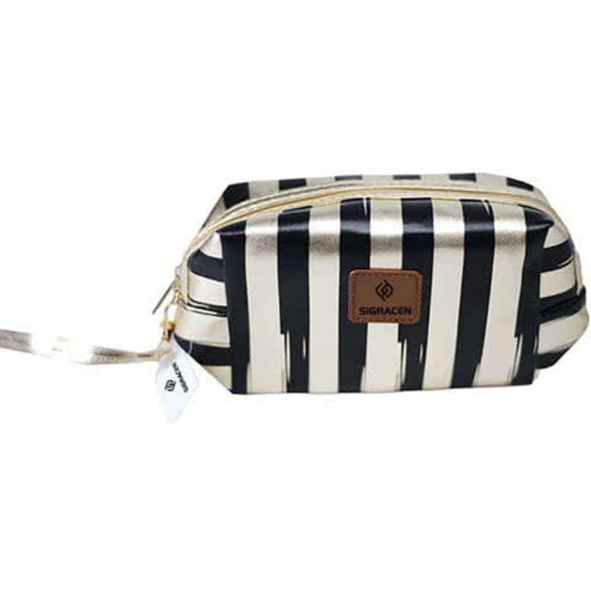A striped PU leather cosmetic clutch bag in black and cream with a gold zip and a logo patch.