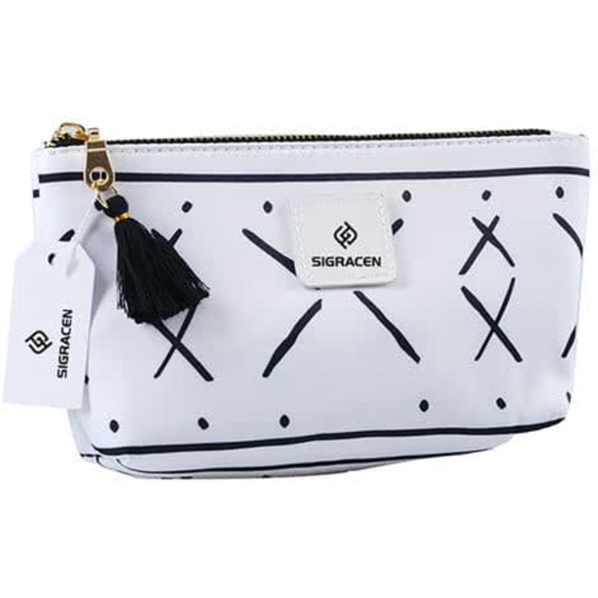 A white pouch with black geometric patterns, featuring a tassel zipper and a logo on the front. Suitable for essential oils.
