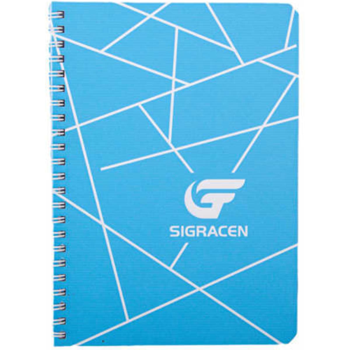 A blue hardcover spiral notebook with a geometric white design and a logo on the front cover.