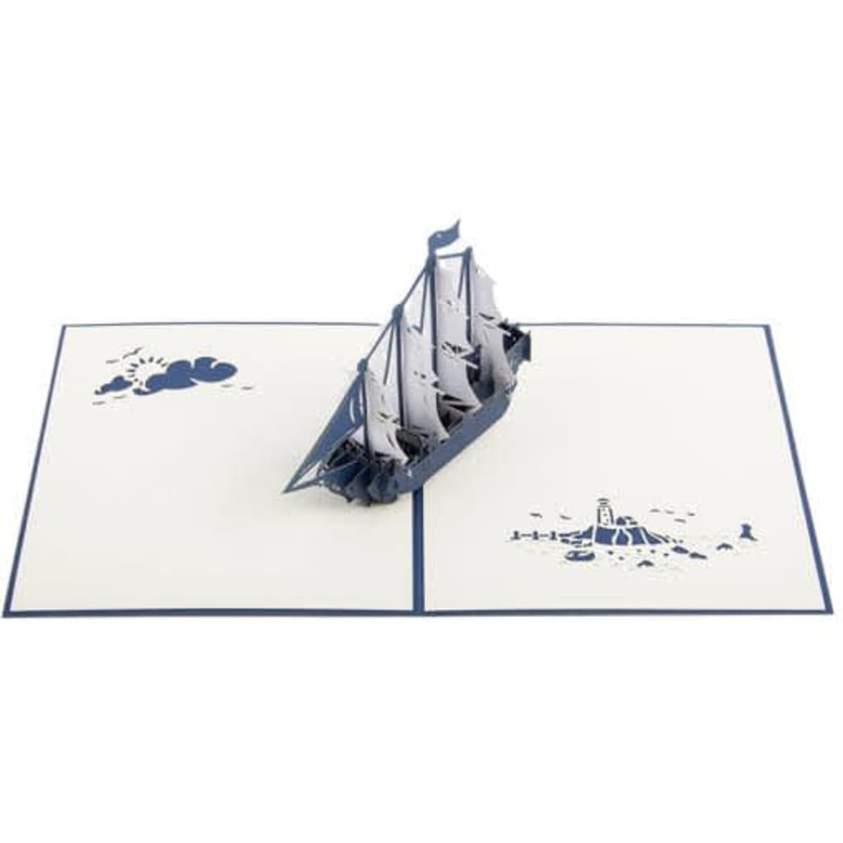 A 3D pop-up greeting card featuring a detailed sailing boat in navy blue atop a cream background with decorative elements.