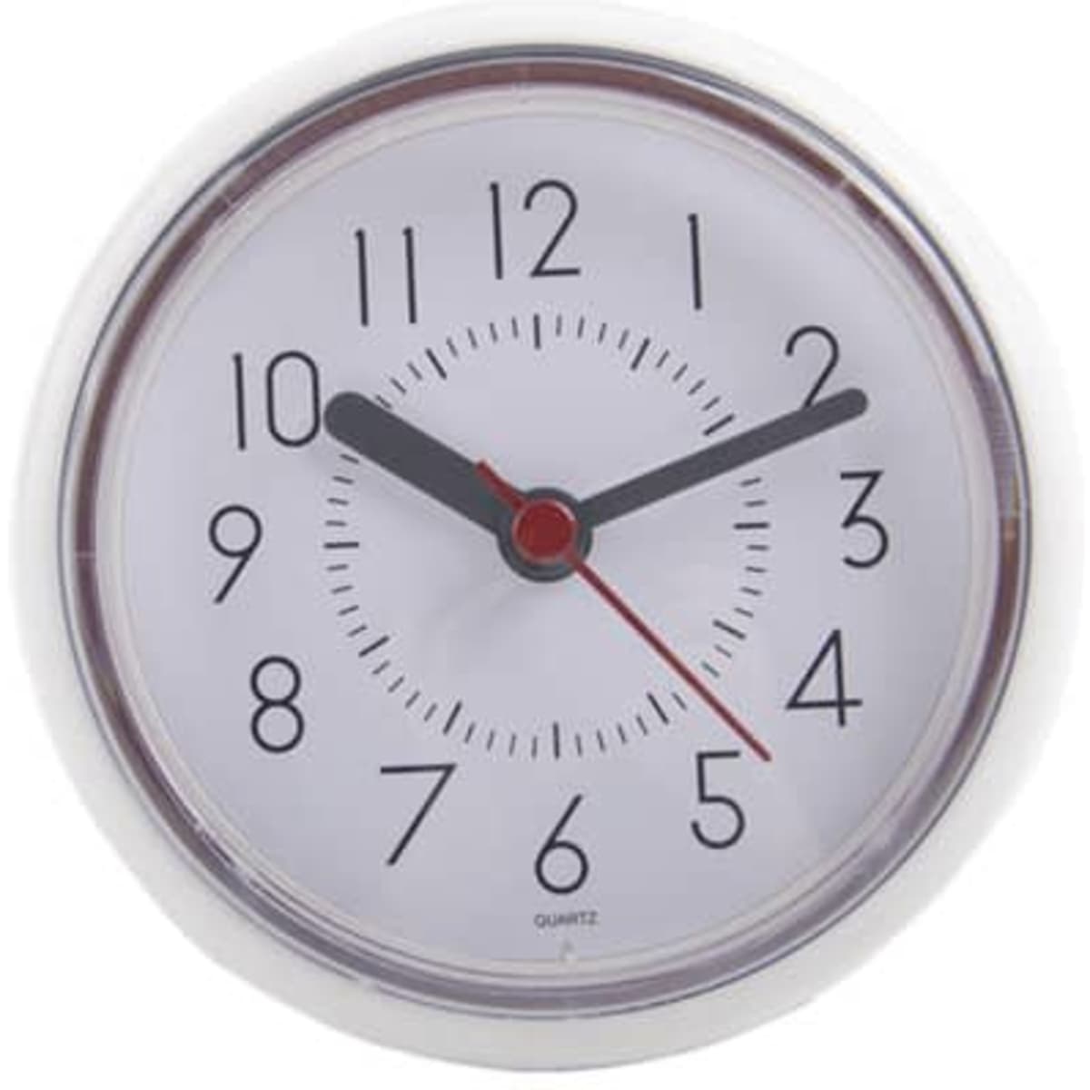 A round white waterproof kitchen clock with bold black numbers and red hands, featuring a suction cup on the back.