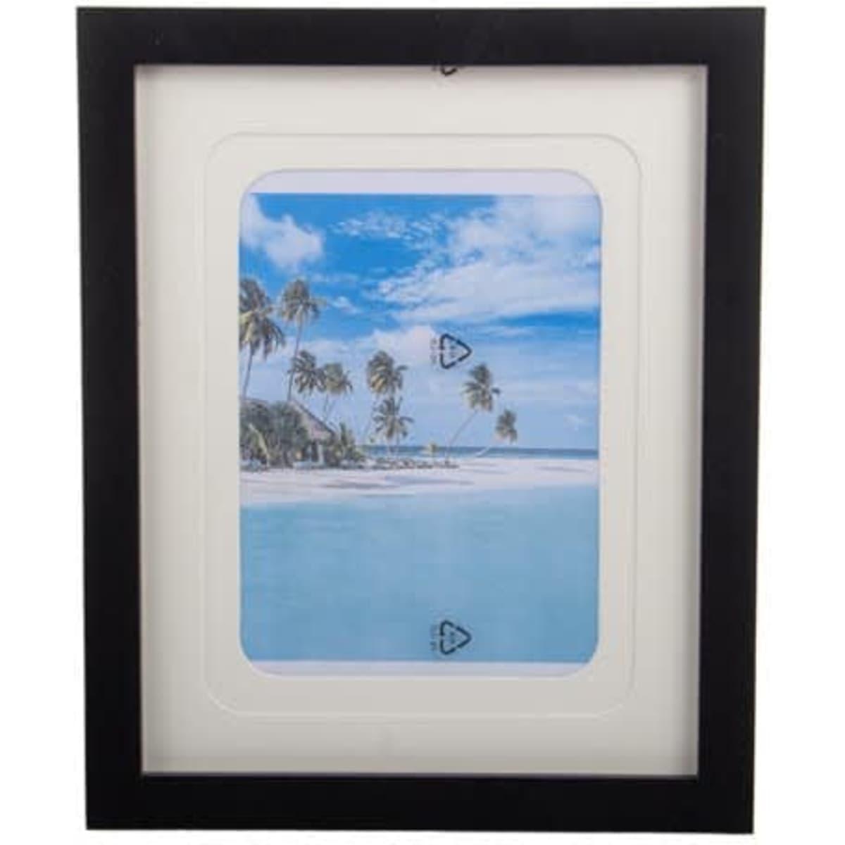 A solid wood photo frame in black, featuring a scenic beach image with palm trees and blue skies.