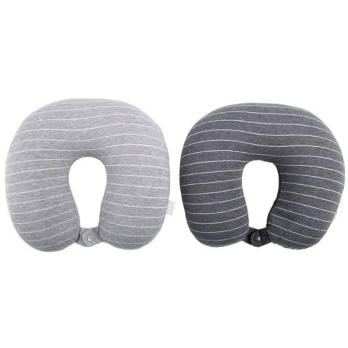 A U-shaped travel neck pillow in grey and dark grey with a striped pattern, featuring a button closure and logo.
